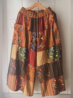 Bohemian Patchwork Wide-Leg Pants - Multi Orange With Mushroom Prints